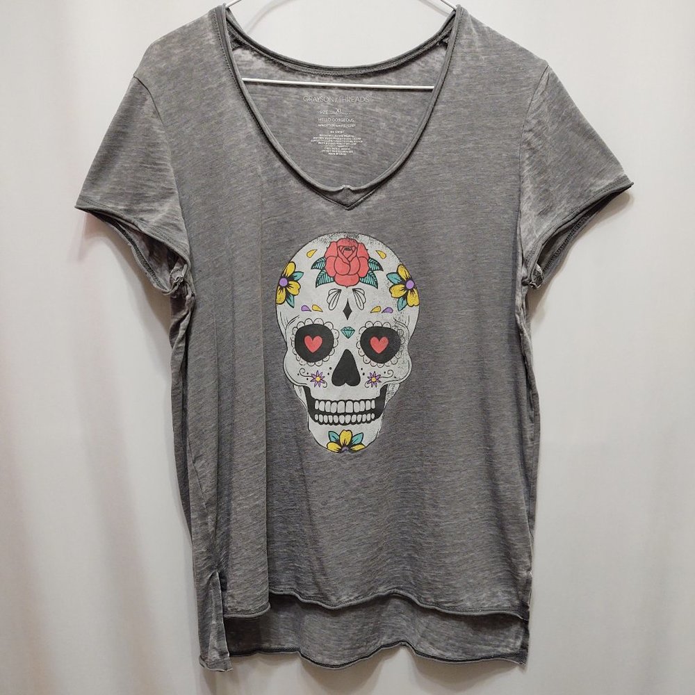 Grayson Threads Sugar Skull Distressed V Neck Tee